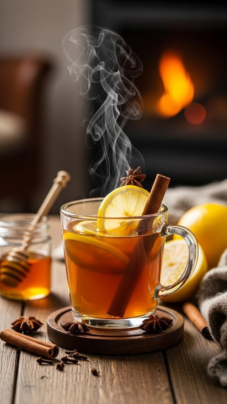 Steaming Hot Toddy cocktail with lemon slice and cinnamon stick in clear mug on wooden coaster