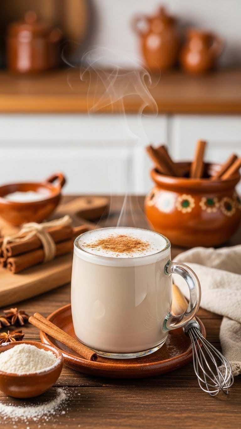 Steaming Mexican Atole in mug with cinnamon sprinkle and traditional molinillo whisk