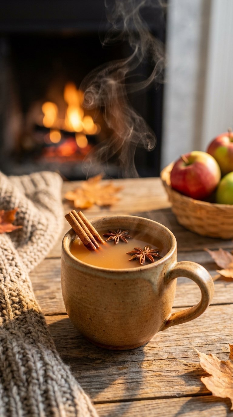Steaming amber spiced apple cider in rustic ceramic mug with cinnamon sticks and star anise on cozy wooden surface