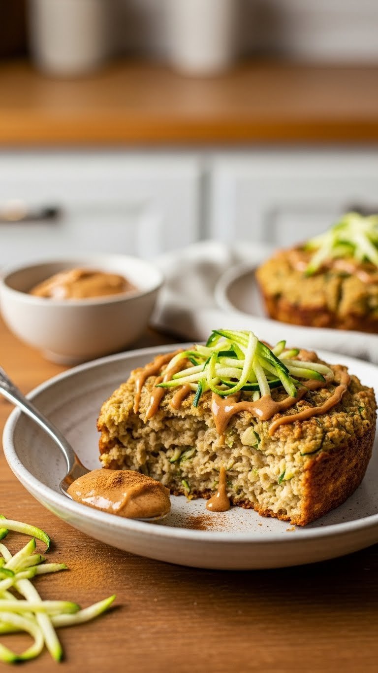 Steaming bowl of high protein zucchini baked oats with golden-brown crust, green flecks, and nut butter drizzle in ceramic bowl.