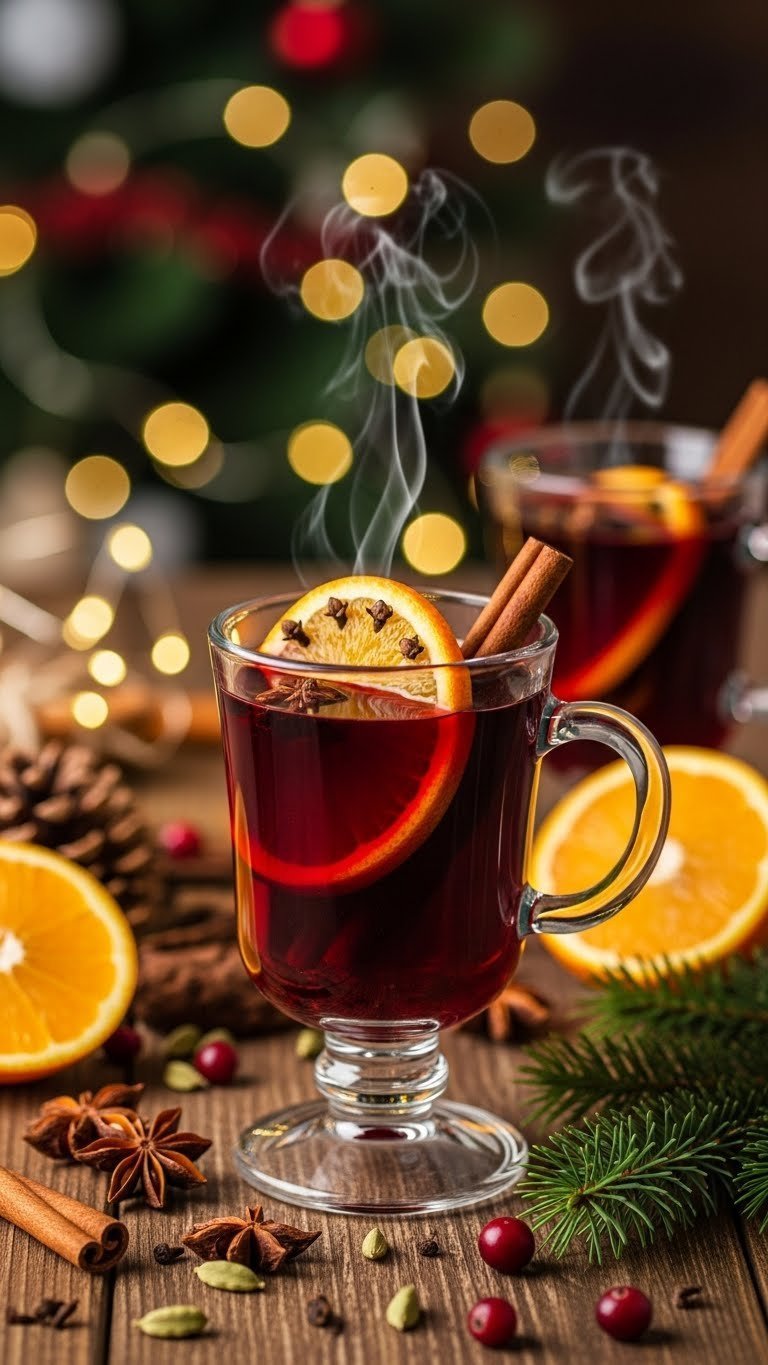 Steaming glass of classic spiced mulled wine with orange slice, cloves, and cinnamon stick on rustic wooden table