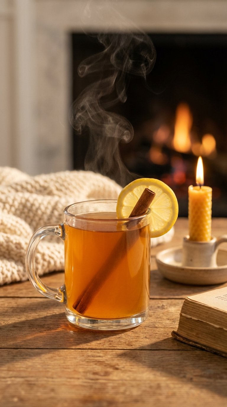 Steaming hot toddy in clear glass mug garnished with lemon wheel and cinnamon stick on rustic wooden table