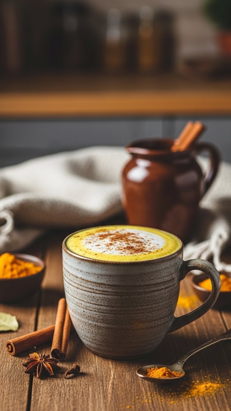 Steaming turmeric golden milk latte with cinnamon dusting in rustic ceramic mug on wooden table
