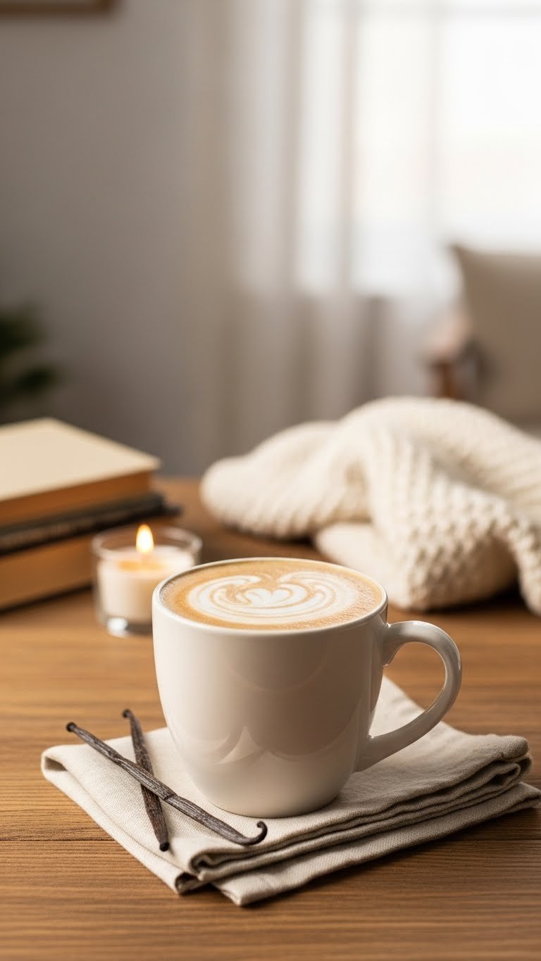 Steaming vanilla milk mug with frothed milk swirl and vanilla bean on linen napkin in cozy rustic setting