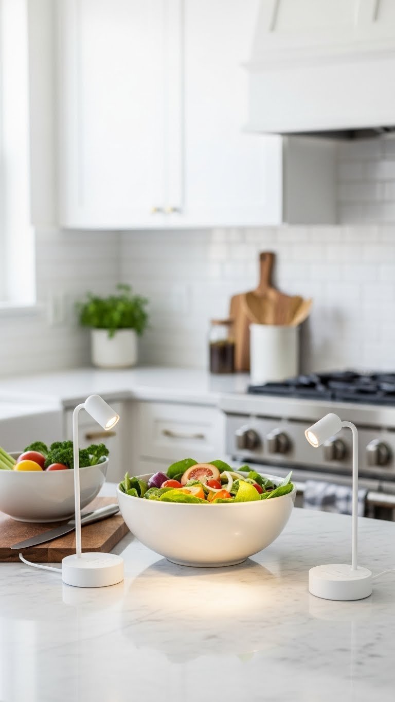 Ultimate Apartment Kitchen Led Lights: 7 Diy Renter Upgrades 7 Stick-on LED spotlights eliminating shadows on marble countertop with vibrant bowl of fresh salad ingredients