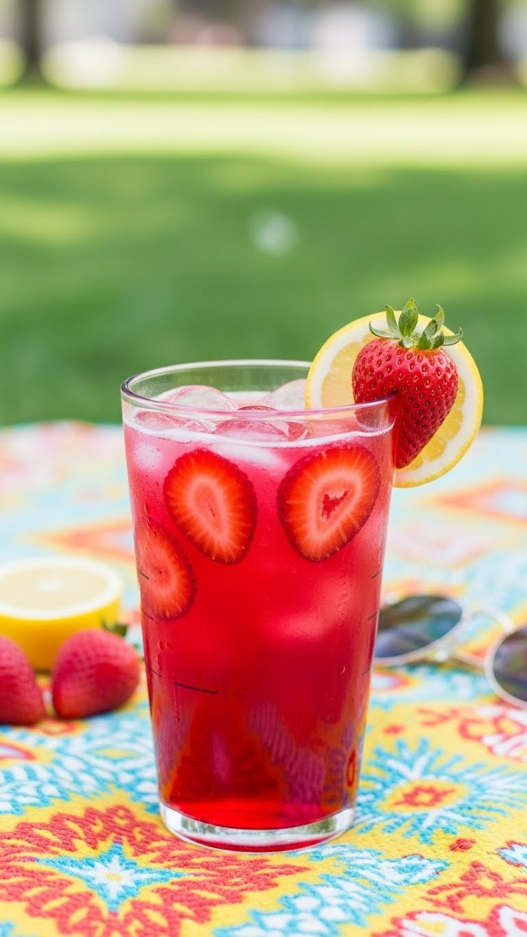 Strawberry Acai Lemonade Refresher with strawberry slices in clear cup on outdoor picnic blanket
