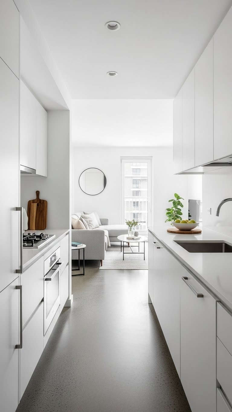 Streamlined galley kitchen layout with compact appliances flowing into minimalist living room space