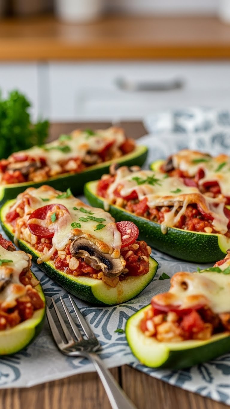 Easy Crispy Zucchini Keto Pizza Baking Recipes 9 Stuffed zucchini pizza boats overflowing with cheesy filling, pepperoni, mushrooms, and melted mozzarella on rustic table