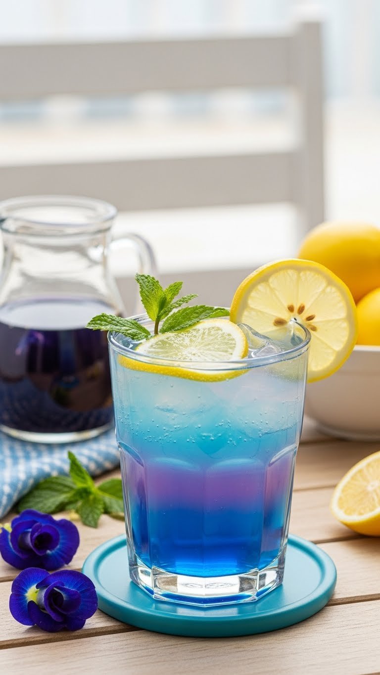 Stunning ombré butterfly pea lemonade in clear glass transitioning from deep blue to purple to pale pink with lemon slice garnish.