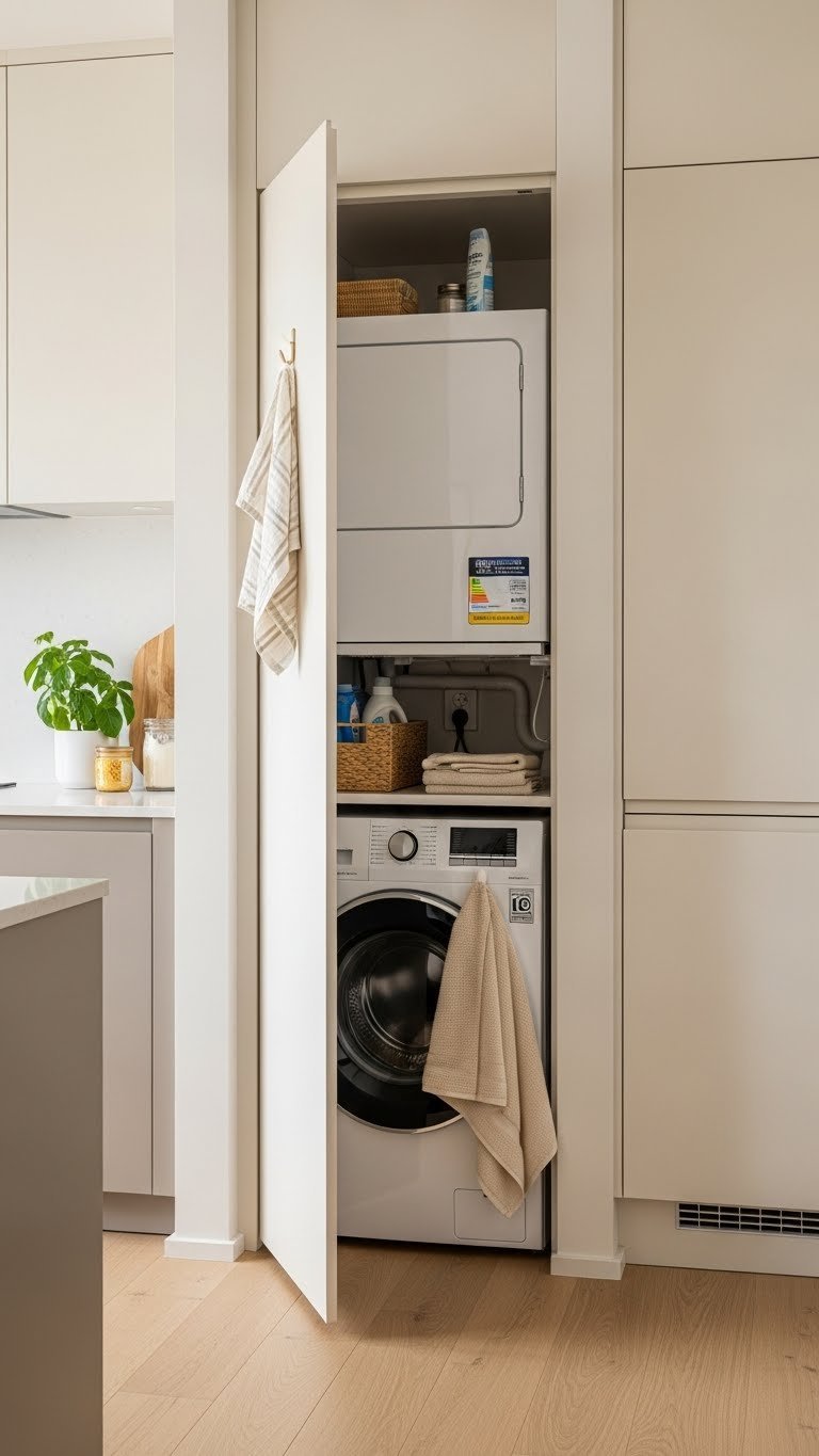 Stylish apartment kitchen with compact laundry nook integrated seamlessly into wall corner with storage