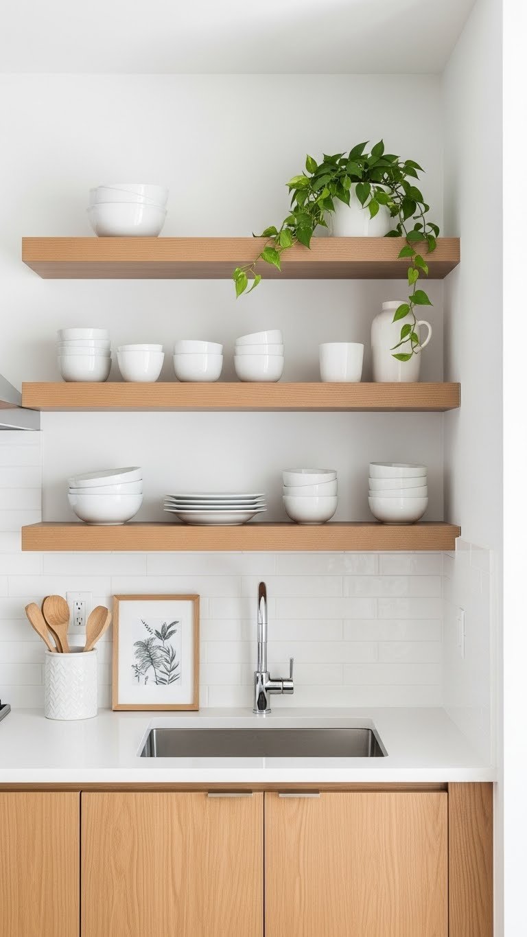 Wood Cabinets: 9 Apartment Kitchen Ideas To Maximize Space 9 Stylish apartment kitchen with sleek floating wooden shelves displaying minimalist crockery and a plant, creating an airy feel.