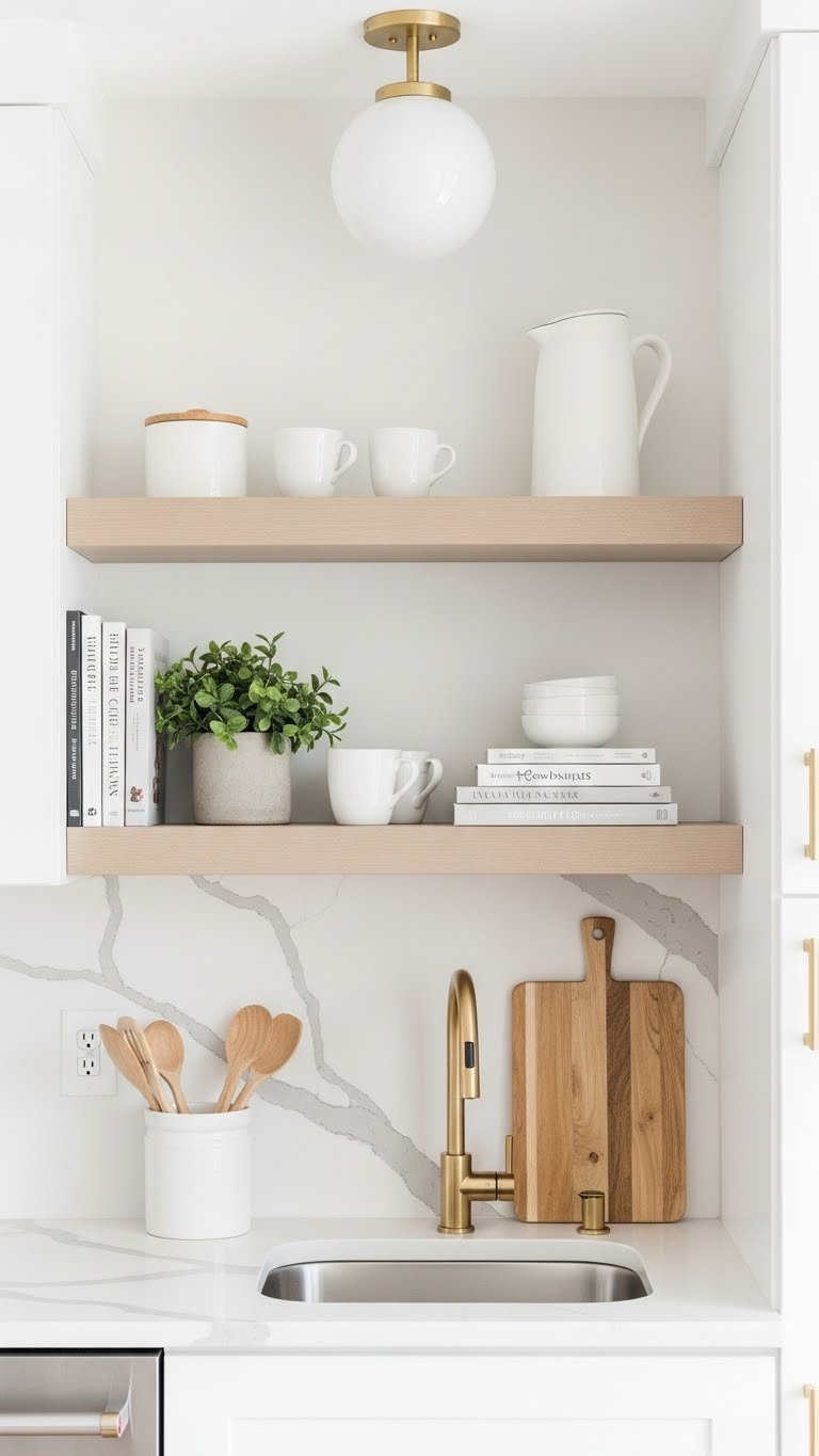 Stylish floating kitchen shelves with white ceramic mugs and cookbooks against a clean white wall in modern apartment