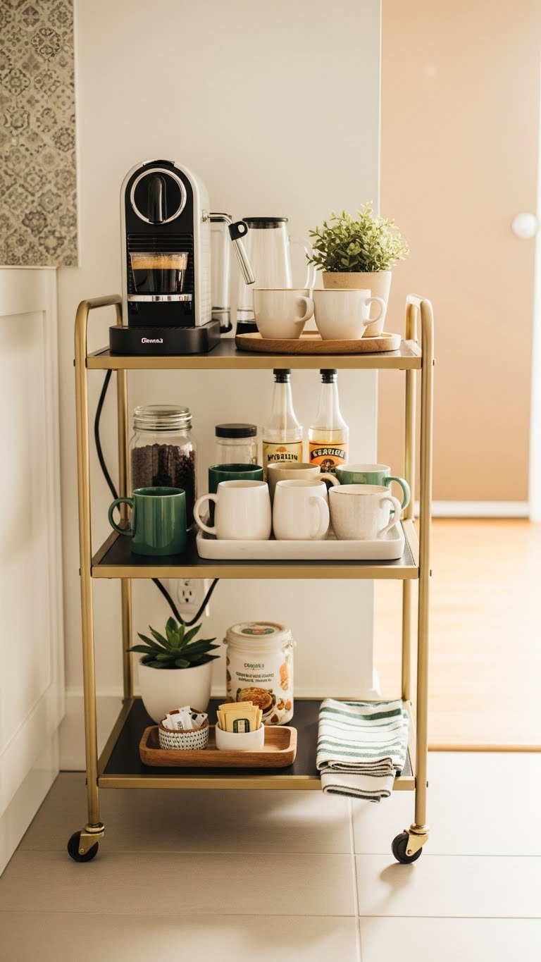Stylish gold metal cart serving as coffee station with espresso maker and aesthetically pleasing mugs