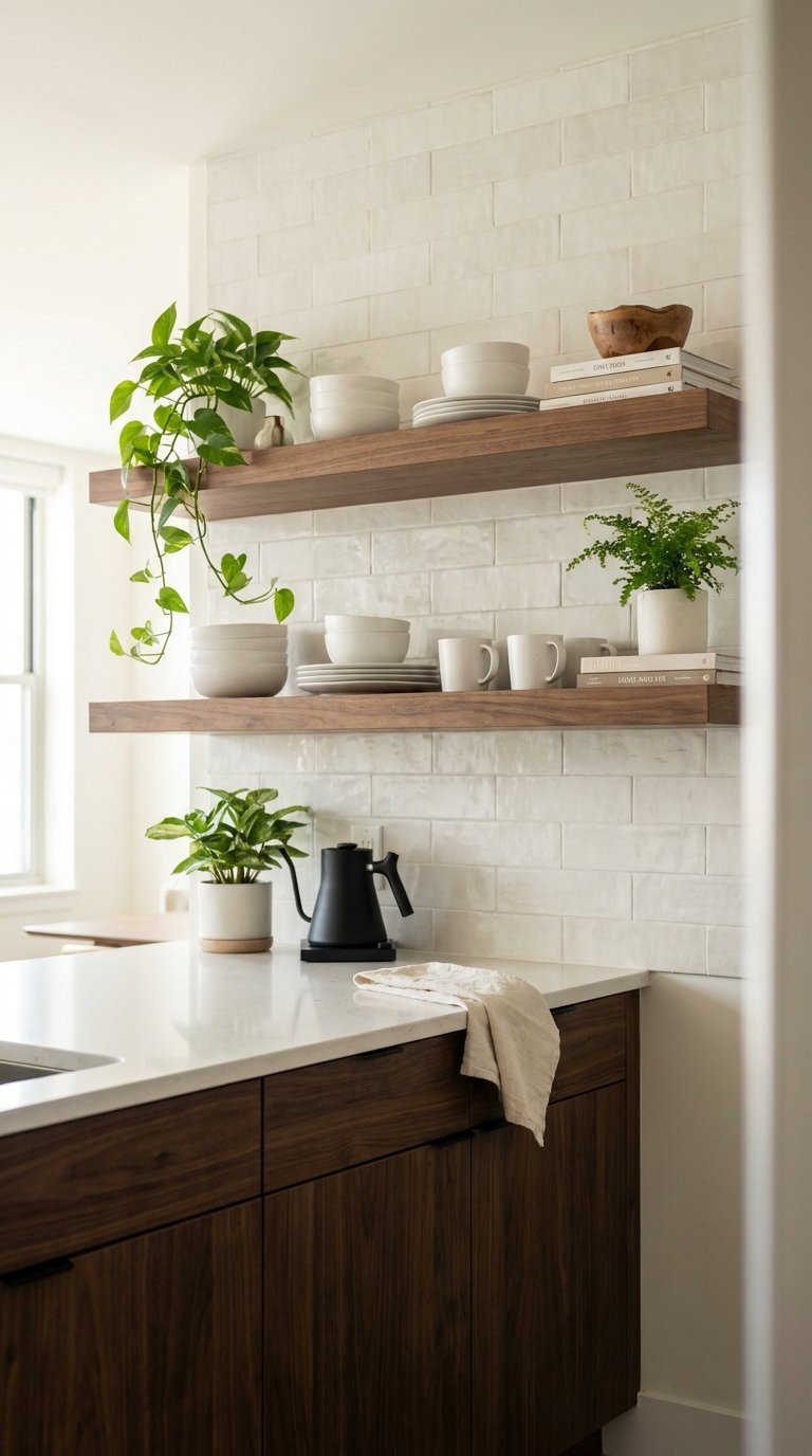 Stylish kitchen floating shelves displaying green plants and white dishware against dark brown cabinet backdrop