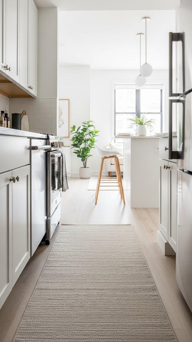 Stylish kitchen runner rug defining culinary zone in open plan NYC studio apartment layout