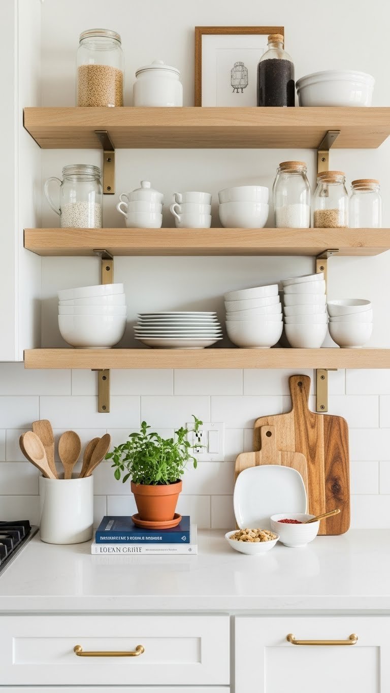 Stylish open shelving units with organized dishes and culinary items creating an airy apartment kitchen aesthetic