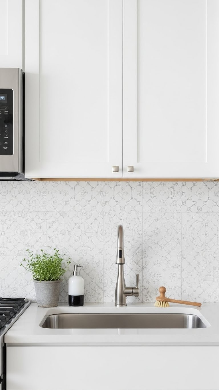 Stylish peel and stick backsplash installation behind kitchen sink with subway tile pattern and minimalist accessories in bright daylight.