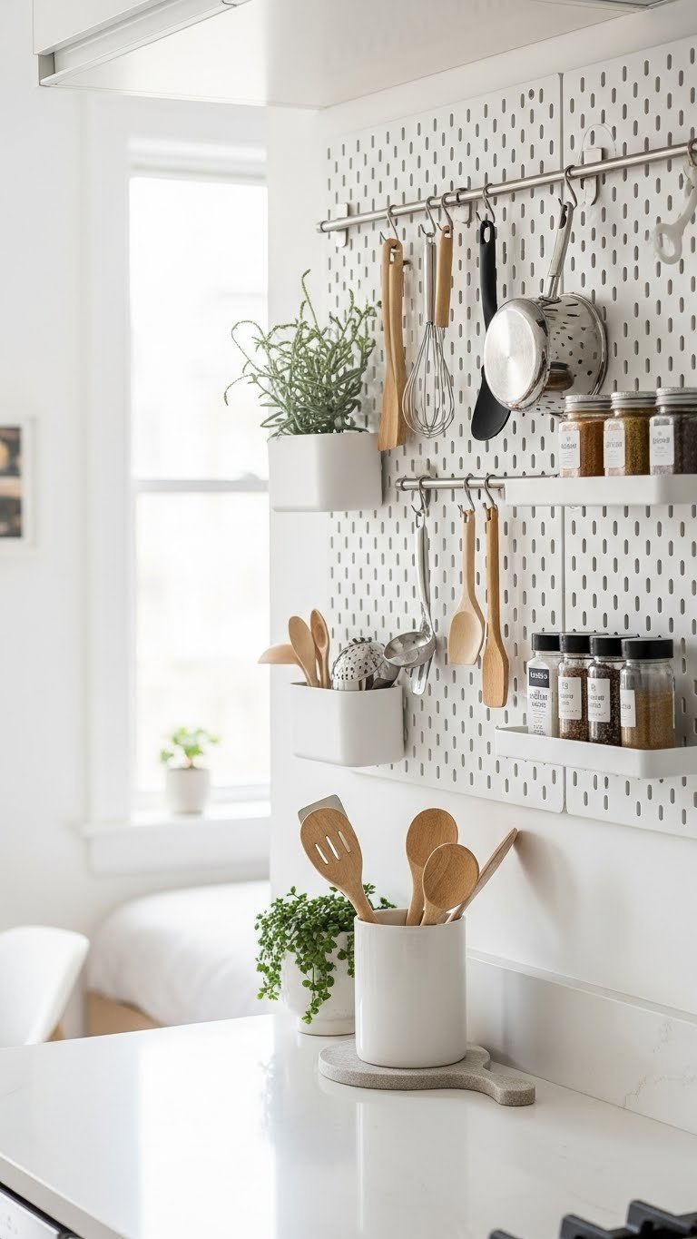 Stylish pegboard wall organizer displaying cooking tools and spice jars in a tiny NYC apartment kitchen