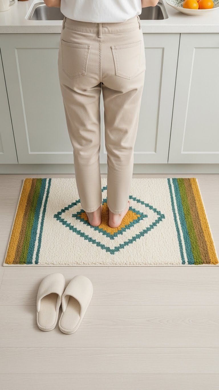 Stylish washable kitchen rug placed on apartment floor with comfortable slippers nearby
