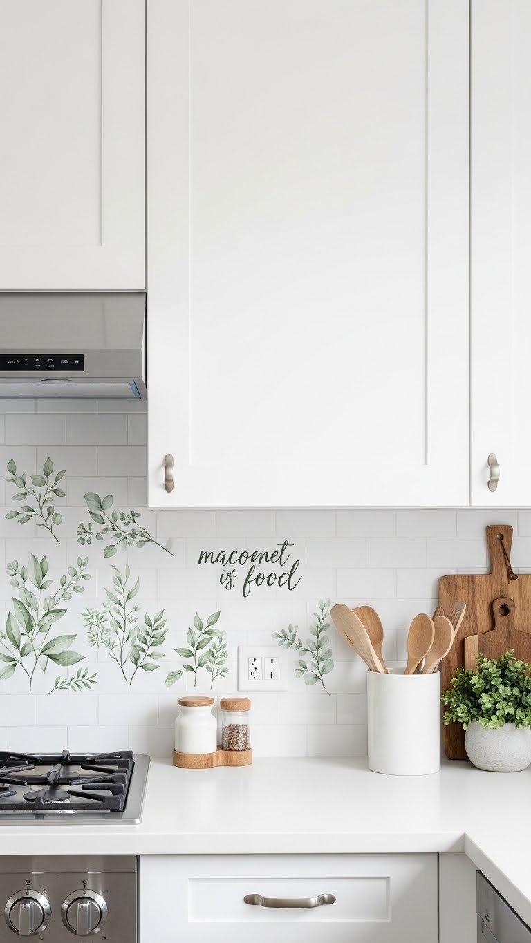 Subtle renter-friendly wall decal with botanical pattern providing easy aesthetic update to modern kitchen space.