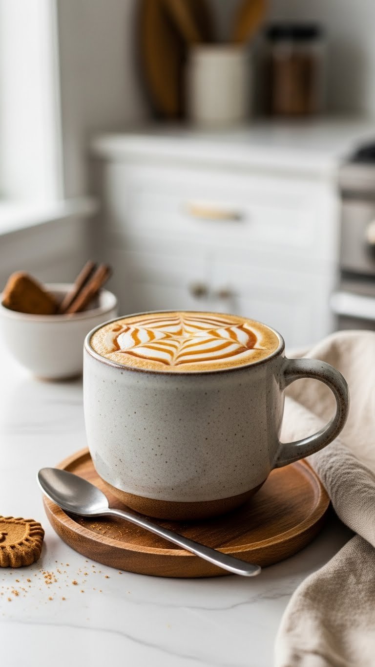 Sugar-Free Vanilla Caramel Coffee in rustic ceramic mug with foam layer and caramel drizzle on wooden coaster
