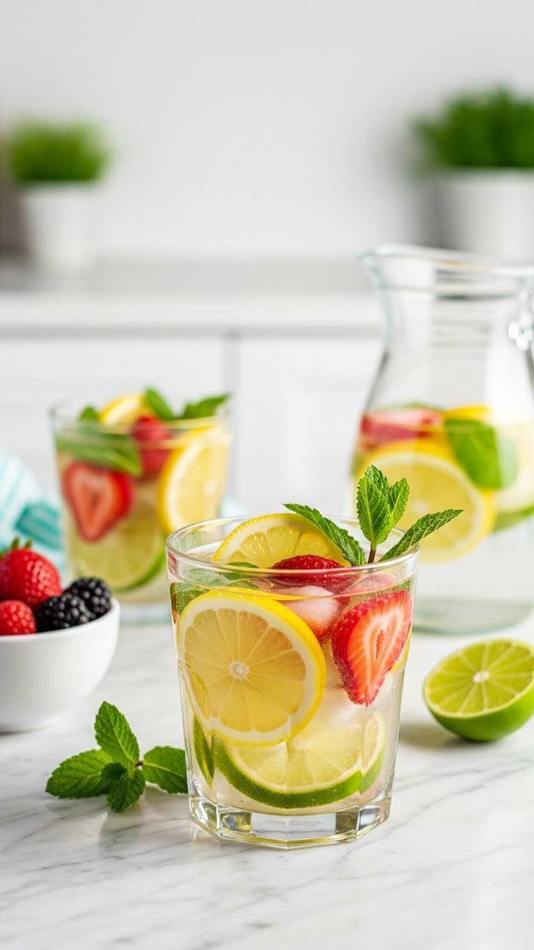 Sugar-free water fusion with fresh lemon, lime, strawberry slices and mint sprigs in clear glass