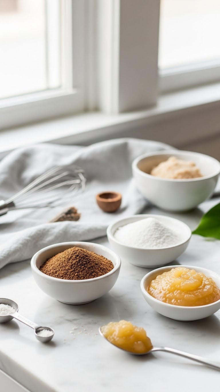 Moist Sugar-Free Zucchini: 9 Baking Secrets For Perfect Loaves 3 Sugar substitutes including monk fruit sweetener, erythritol, and applesauce arranged in small bowls on marble countertop.