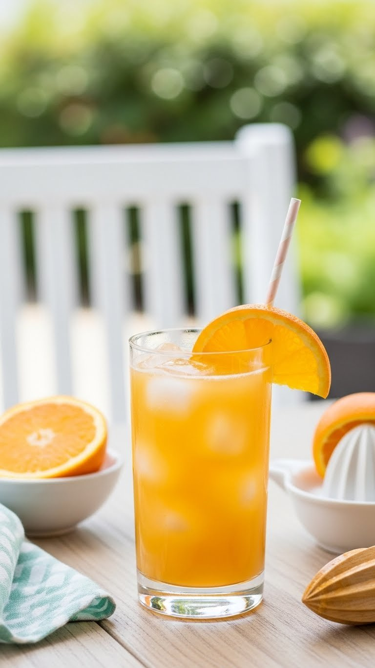 Sunny Screwdriver cocktail in highball glass with bright orange color and fresh orange slice garnish on wooden table