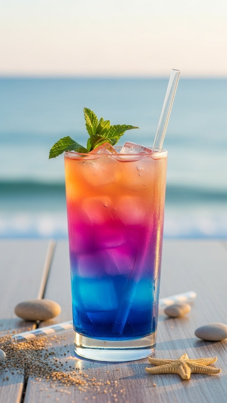 Sunset ombre drink in tall glass with blue-to-orange gradient layers against ocean horizon backdrop