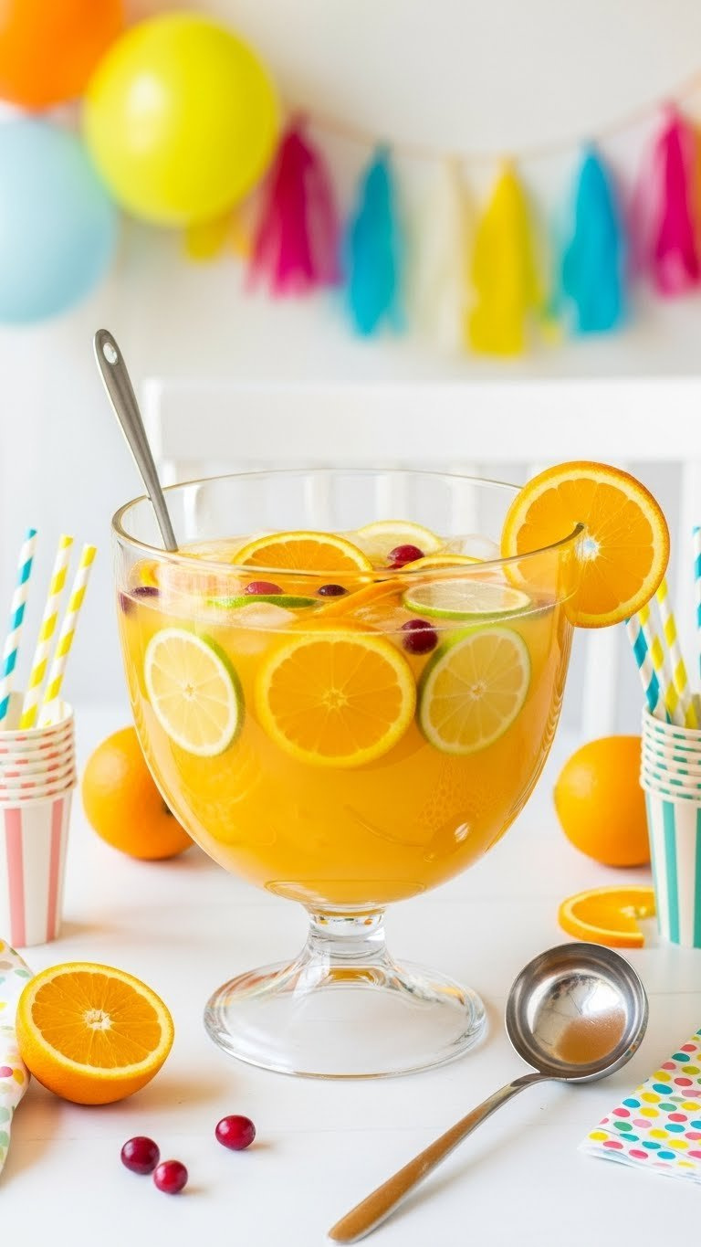 Sunshine Citrus Party Punch with bright yellow-orange punch floating citrus slices in large glass bowl for kids party.