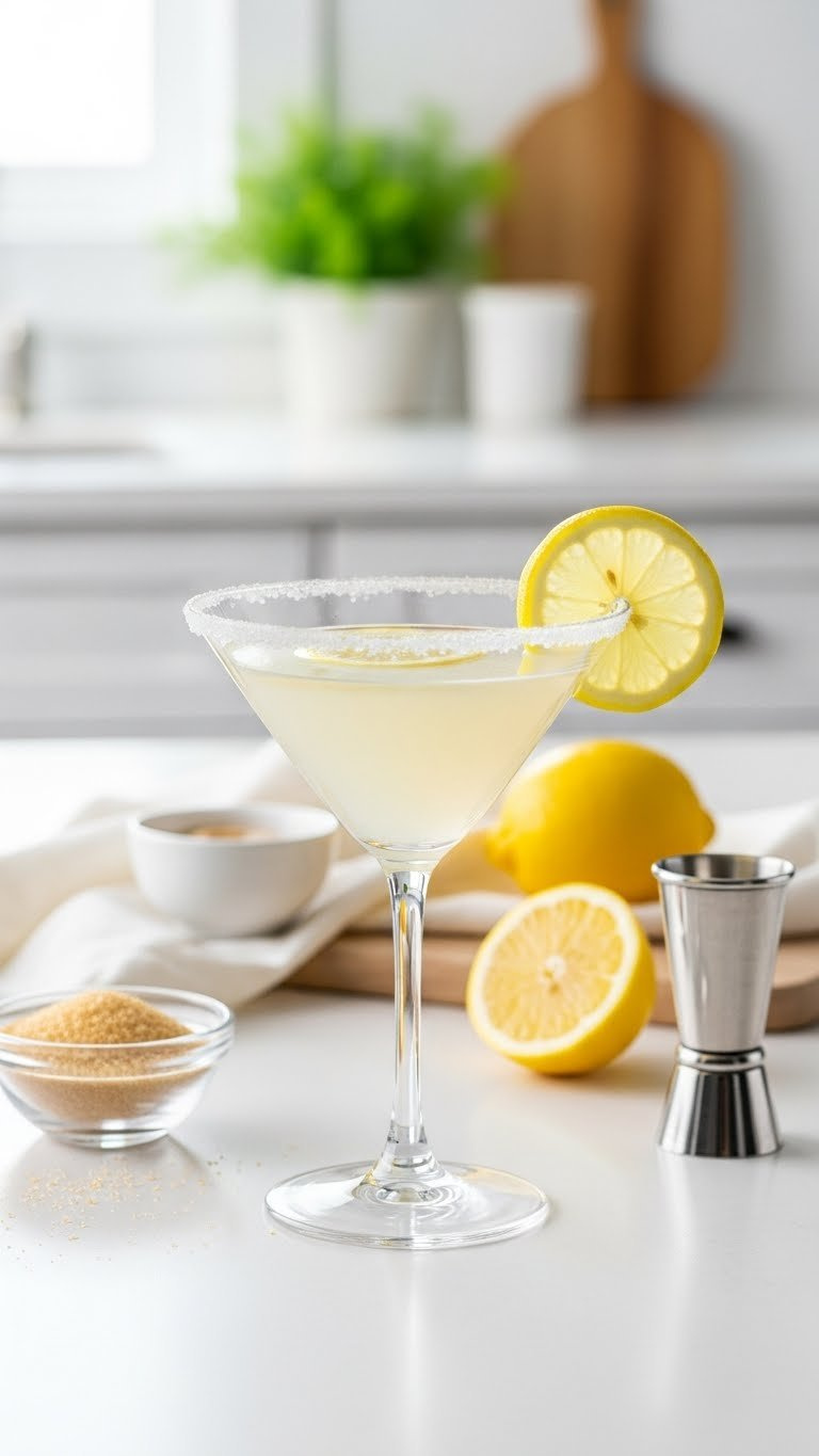 Sweet-tart Lemon Drop Martini cocktail in sugar-rimmed martini glass with lemon slice garnish and soft reflections
