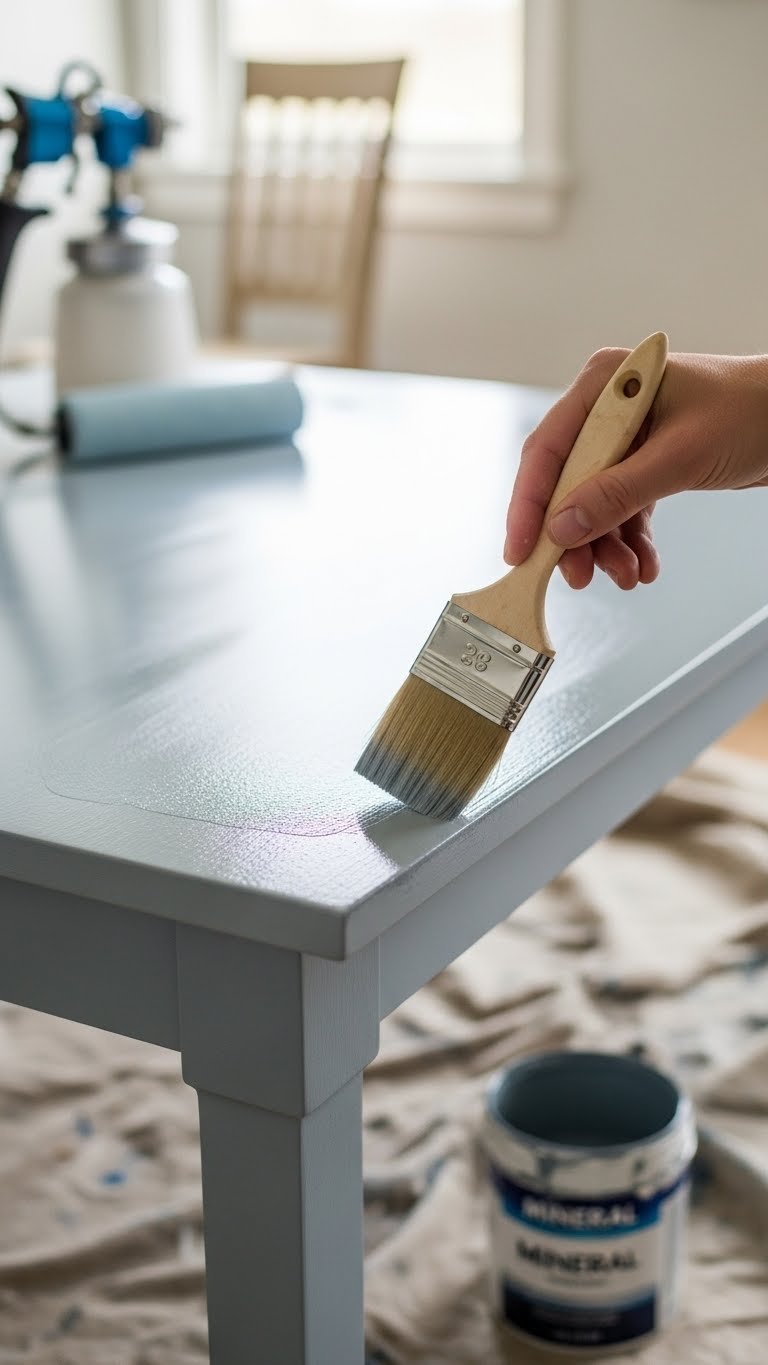 Synthetic paintbrush applying satin finish to kitchen table surface with flawless brush stroke technique.