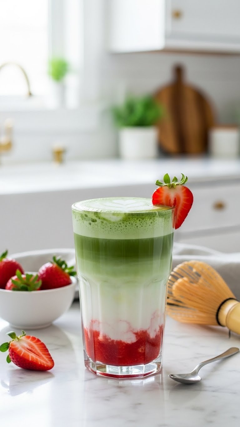 Tall clear glass showcasing vibrant strawberry matcha latte art with green matcha, white milk, and red strawberry puree layers topped with foam and strawberry garnish.