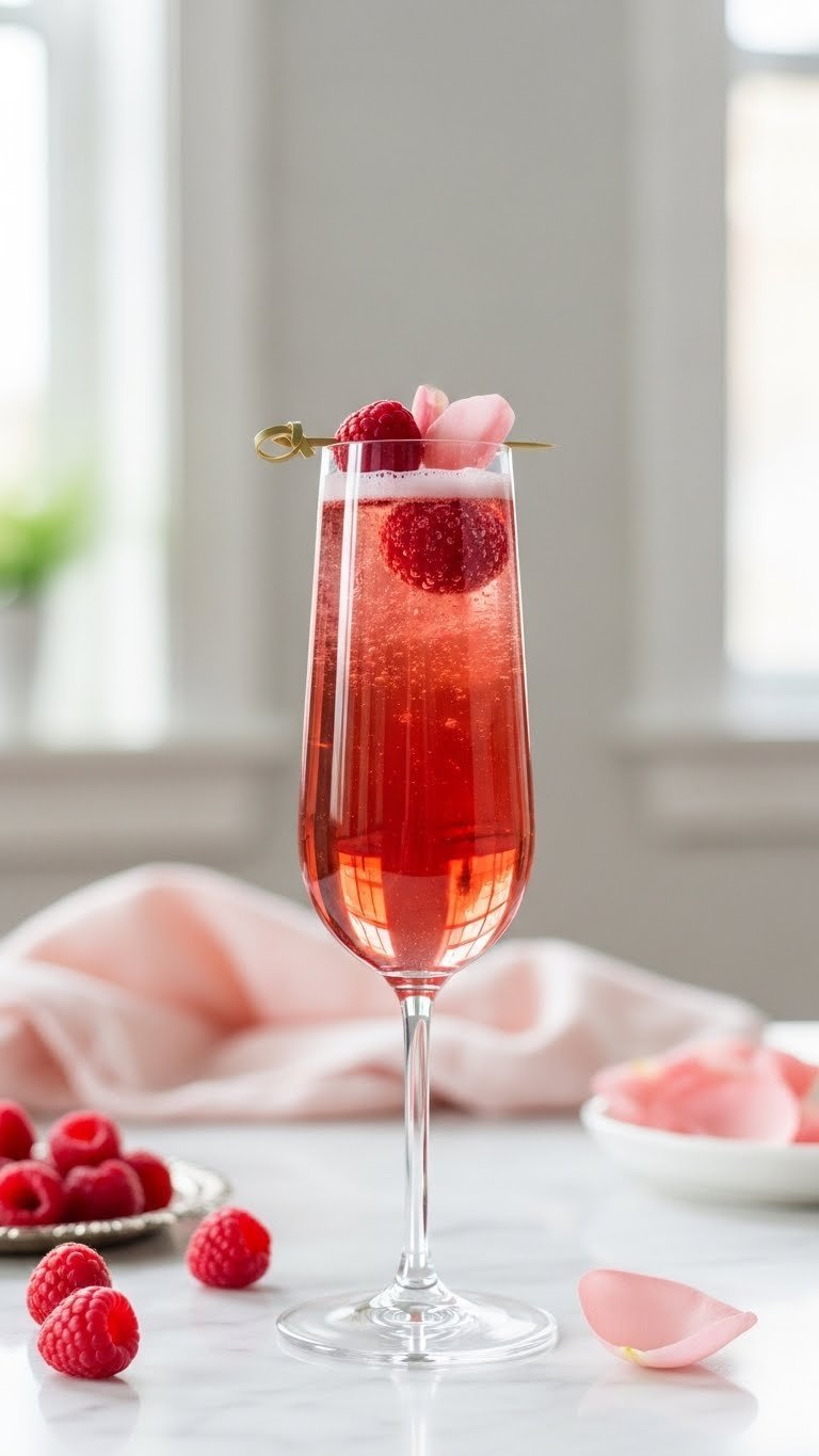 Tall flute glass filled with sparkling raspberry rosé fizz cocktail garnished with fresh raspberries and candied rose petal on marble countertop