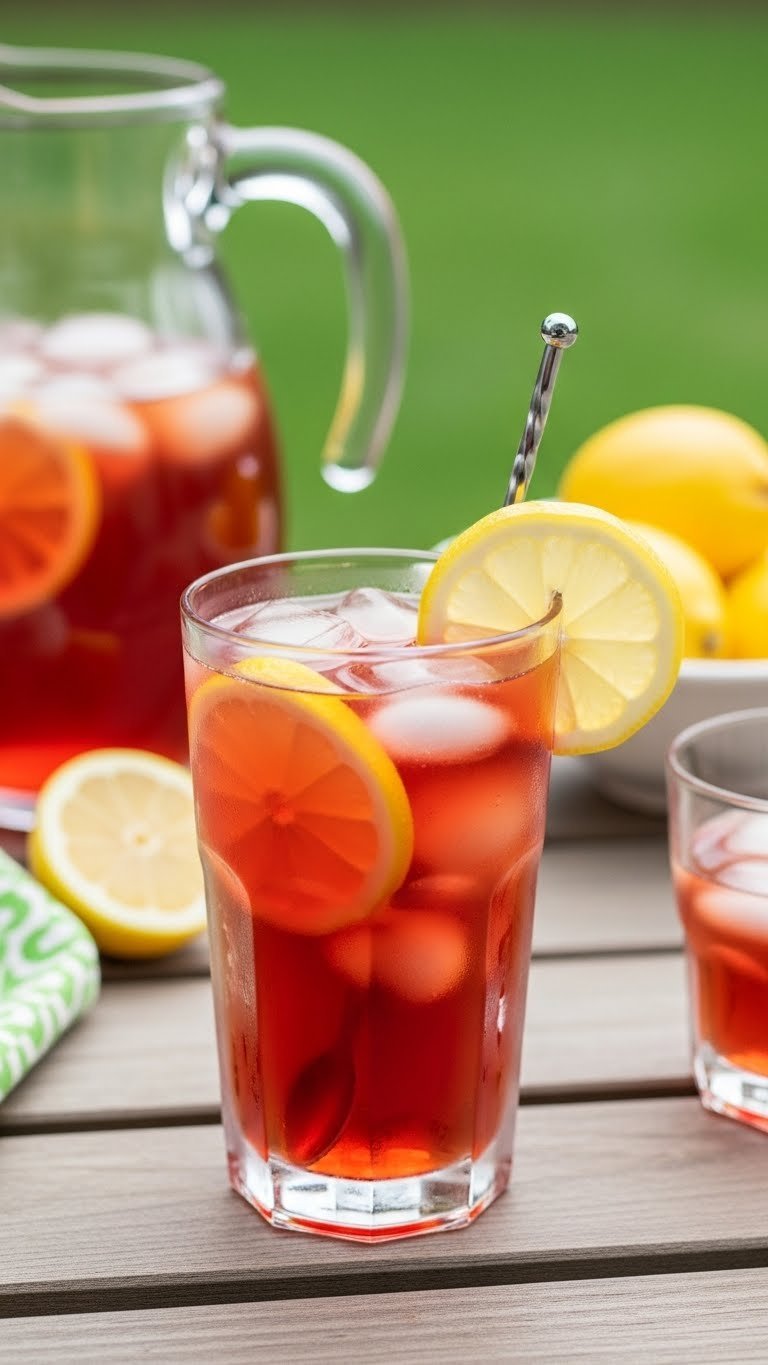 Tall frosted glass of amber-red sweet tea lemonade with lemon slice and stirring spoon on rustic picnic table