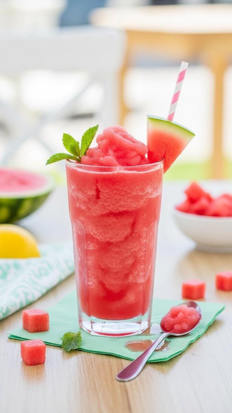 Tall frosty glass of frozen watermelon lemonade slush with smooth icy texture and watermelon wedge garnish.