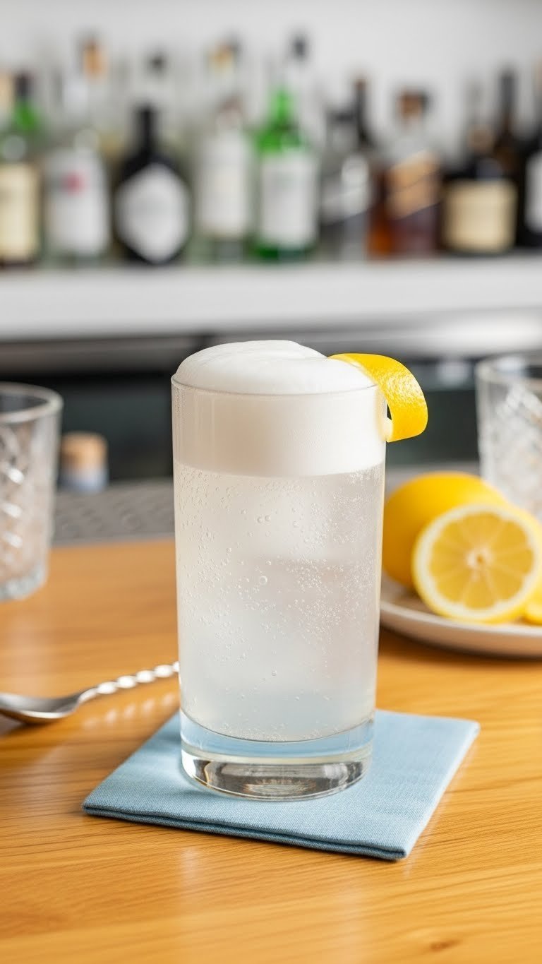 Tall gin fizz cocktail with frothy white top and lemon peel twist in highball glass on linen coaster
