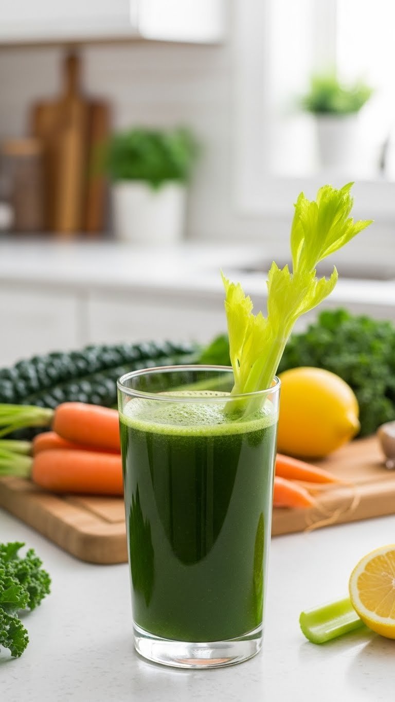 Tall glass of deep green vegetable juice garnished with celery stalk on light wooden cutting board