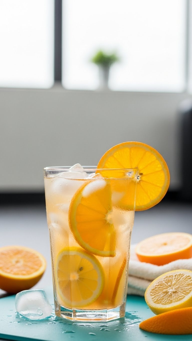 Tall glass of homemade electrolyte drink with citrus slices and ice cubes on light-colored gym mat
