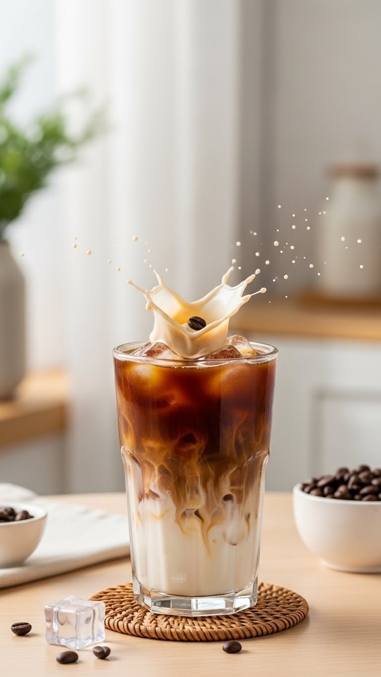 Tall glass of iced coffee with milk swirl, visible ice cubes and coffee bean garnish on light wooden table