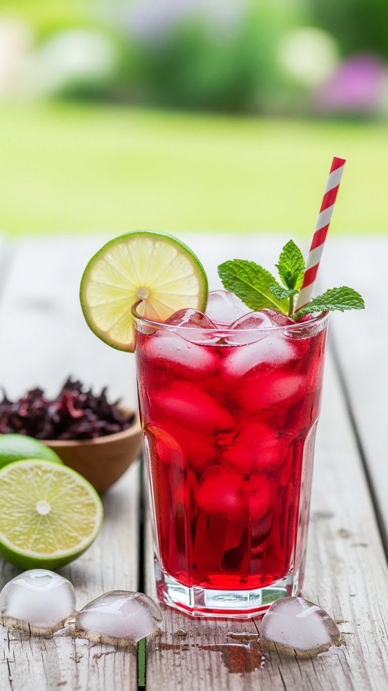 Tall glass of ruby-red hibiscus iced tea with lime slice and mint garnish on weathered wooden picnic table