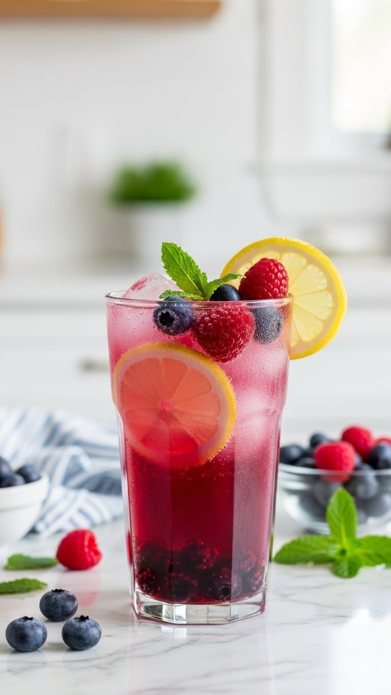 Tall glass of sparkling berry lemonade with blueberries, raspberries, and lemon wheel floating in pink-purple effervescent beverage.