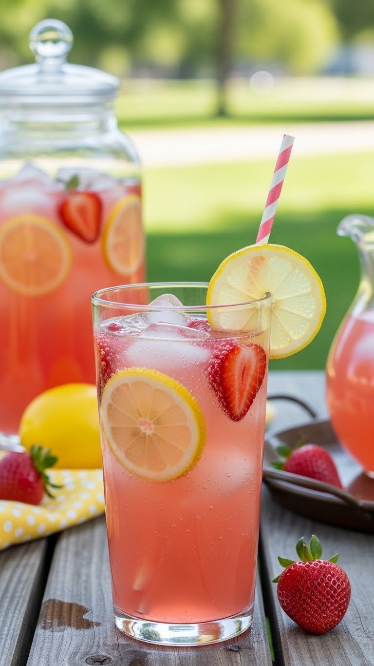 Tall glass of sparkling strawberry lemonade with lemon slices and fresh strawberries on rustic picnic table