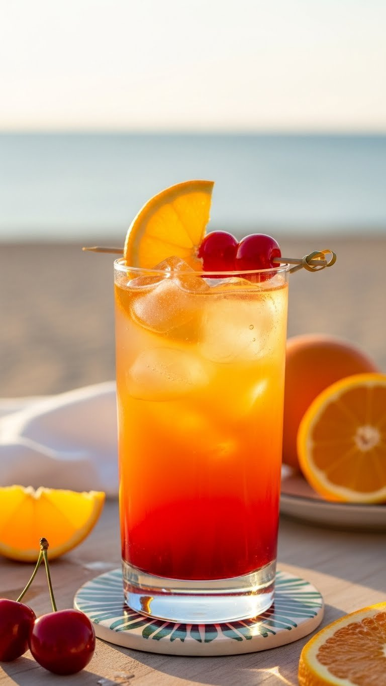 Tall highball glass showcasing layered citrus sunset spritz with orange, yellow, and red hues garnished with orange slice