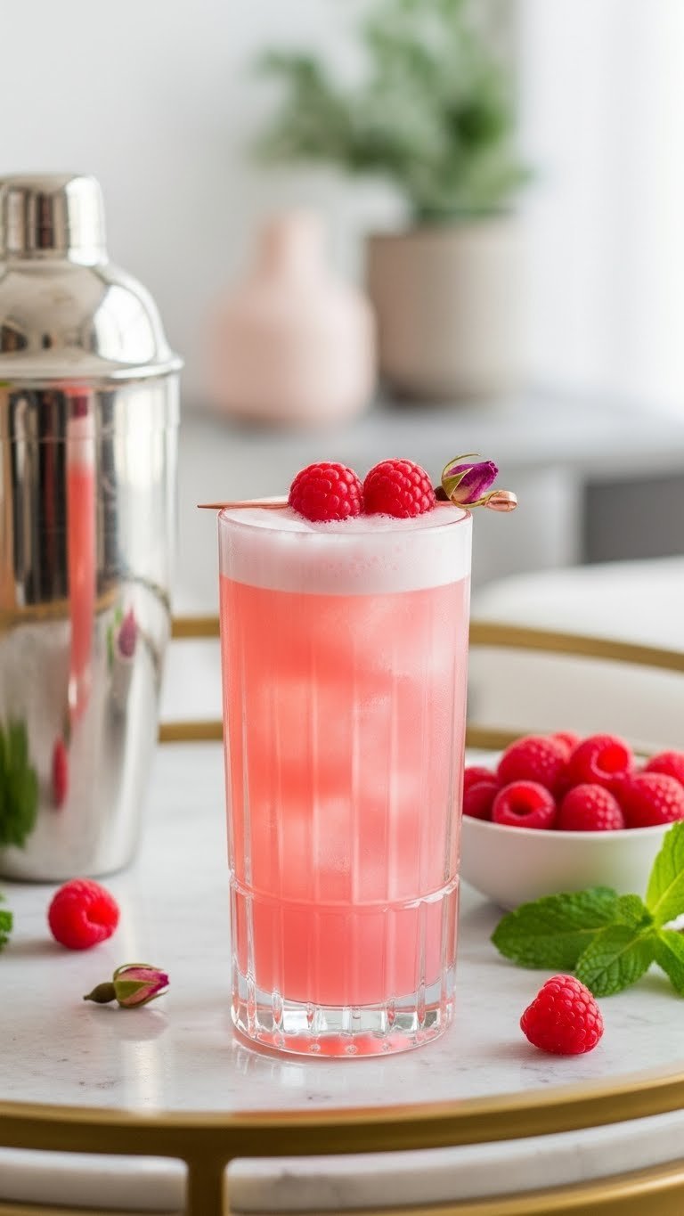 Tall highball glass with frothy raspberry rose gin fizz garnished with fresh raspberries and rosebud on light wooden bar cart