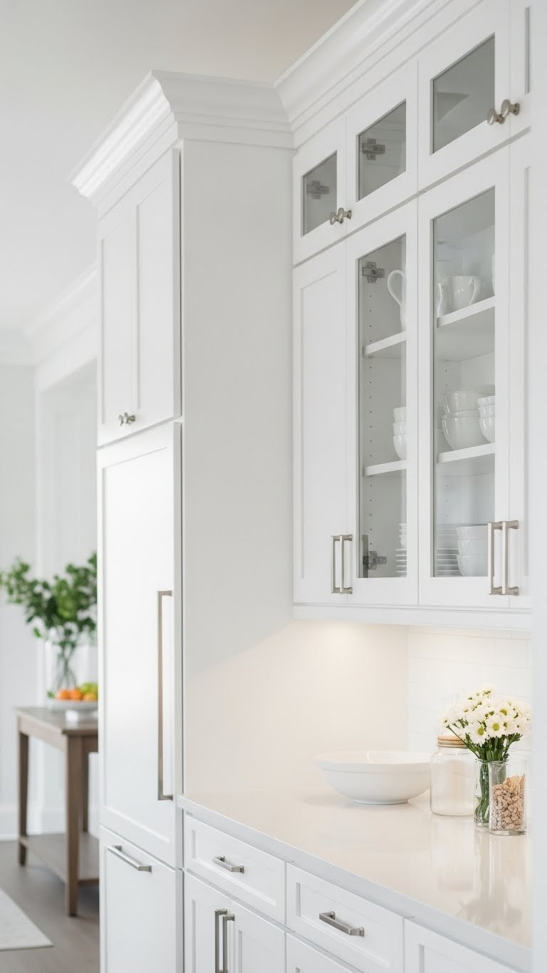 White Kitchen Cabinets: 9 Proven Apartment Ideas For Space 1 Tall white shaker cabinets extending to ceiling in narrow apartment kitchen with sleek nickel pulls and glass-front upper cabinet.