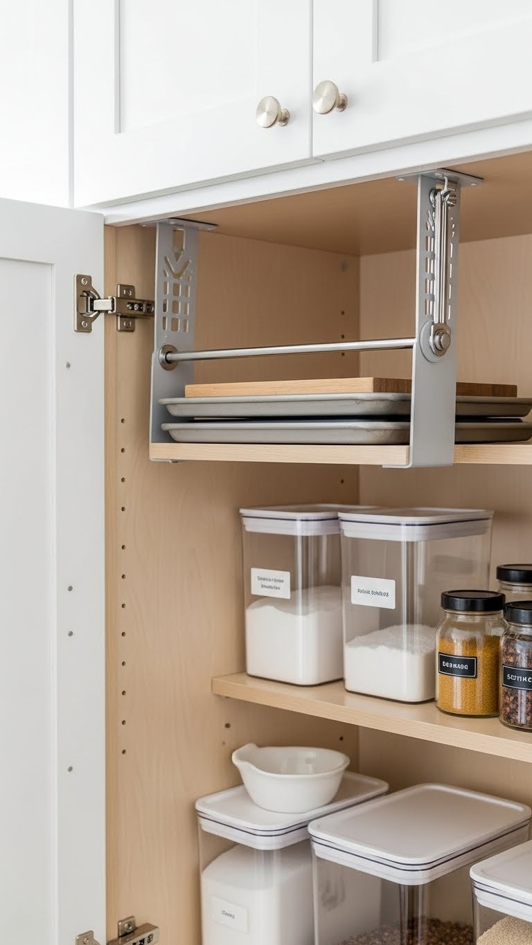 Tension rod shelf installed inside apartment kitchen cabinet creating extra storage space for cutting boards and baking sheets.