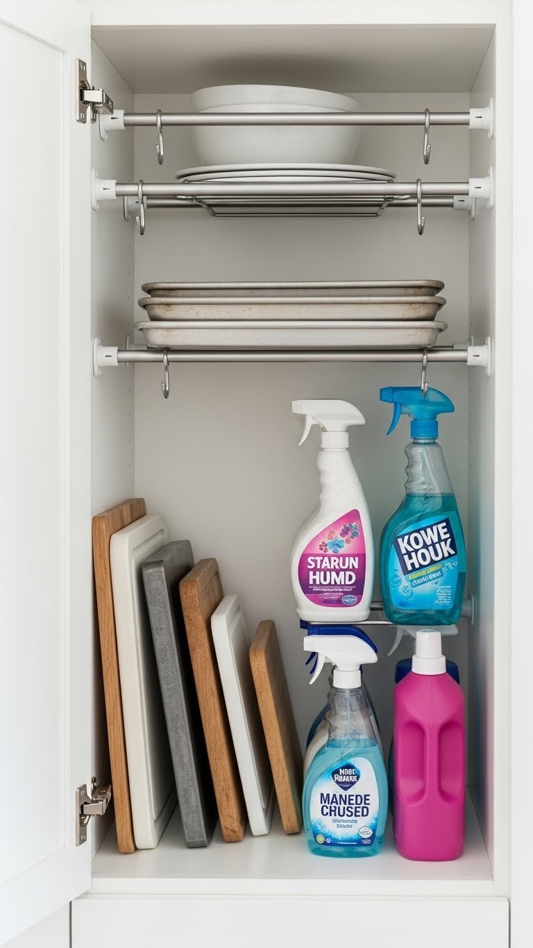 Tension rods installed in kitchen cabinet holding cutting boards, baking sheets and cleaning spray bottles.