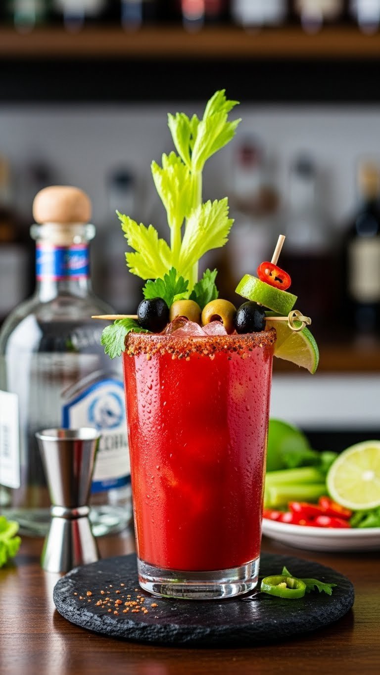 Tequila Bloody Maria with elaborate celery and olive garnish in tall highball glass