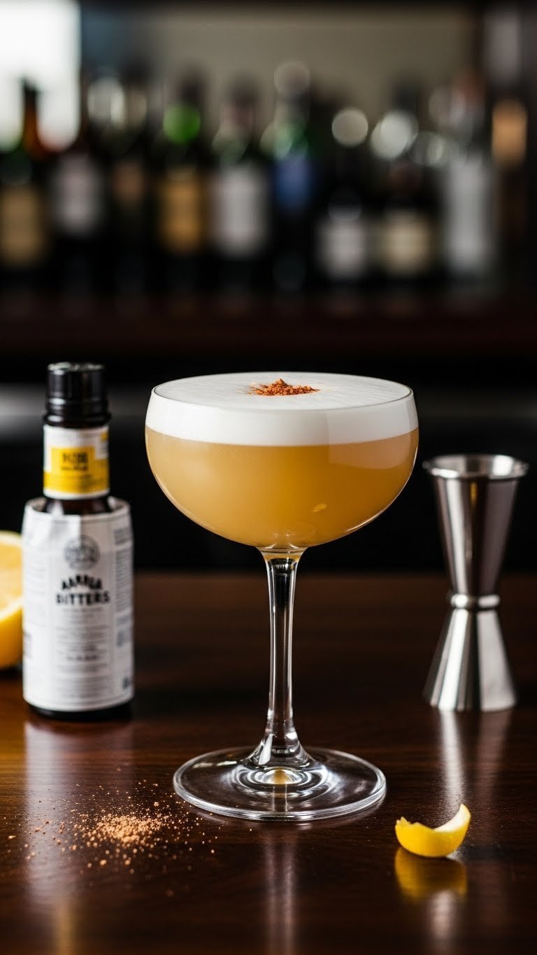 Tequila Sour with frothy egg white head and bitters art on top in classic coupe glass